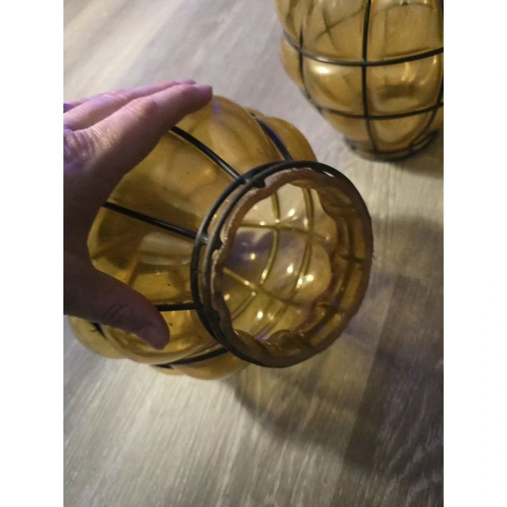 Set Of 2 Vintage Caged Glass Amber Blown Lamp Globe Shade Estate Find